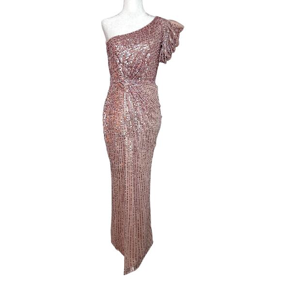 Mac Duggal Embellished Sequin Puff One Shoulder Gown 5622 Apricot Pink 2 - Picture 4 of 8
